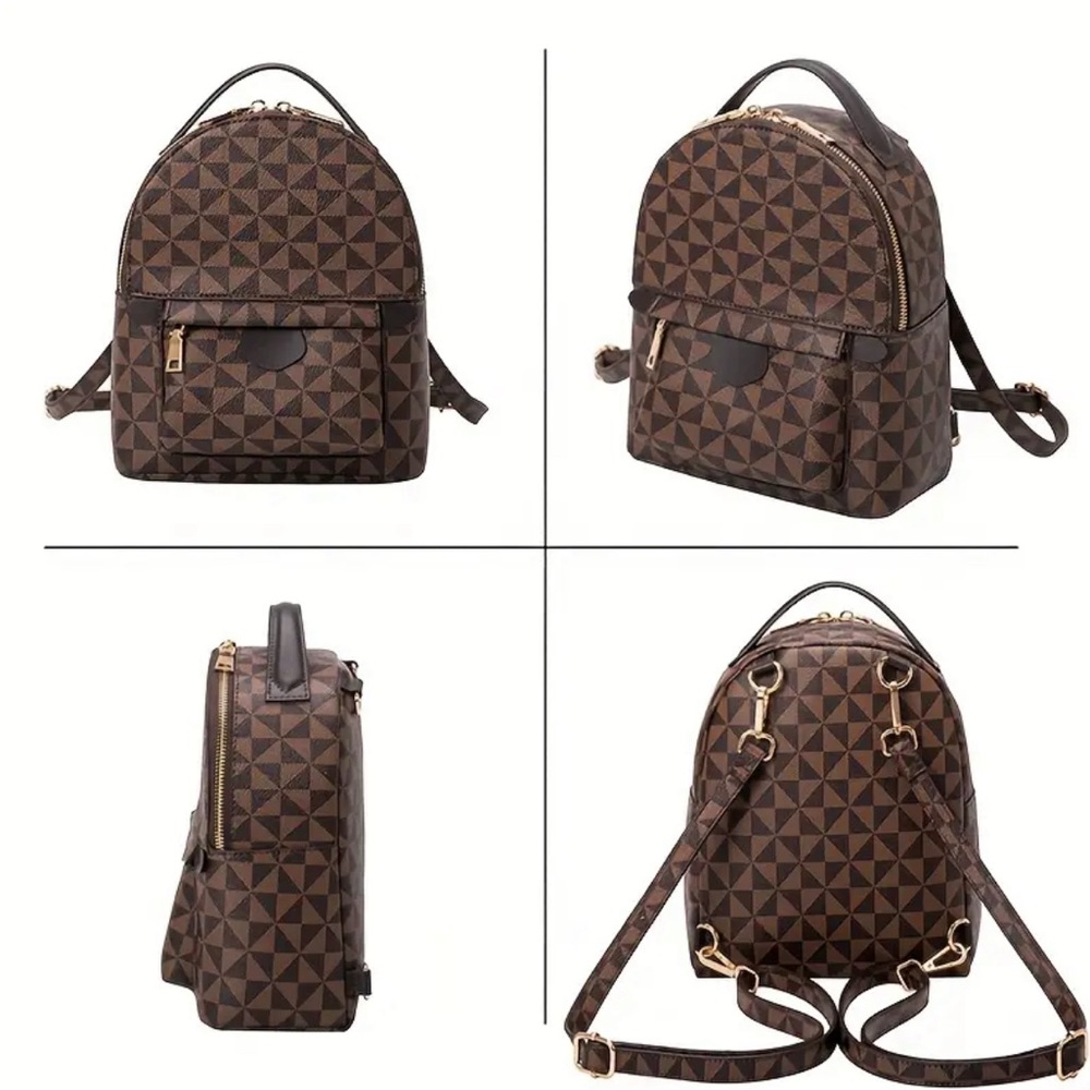 Brown Retro Geometric Pattern Structured Backpack - image 8
